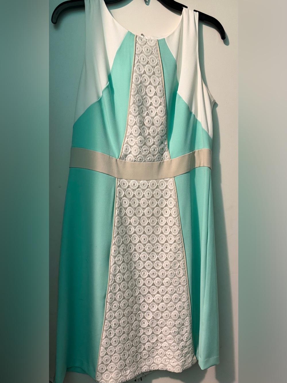 Sleeveless Mint & White A-Line Dress with Lace Panel